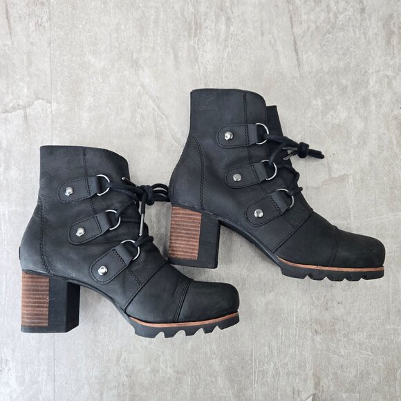Sorel Lace Up Boots 7.5 Black Leather Chunky Block Heel Platform Combat Booties - Picture 5 of 13